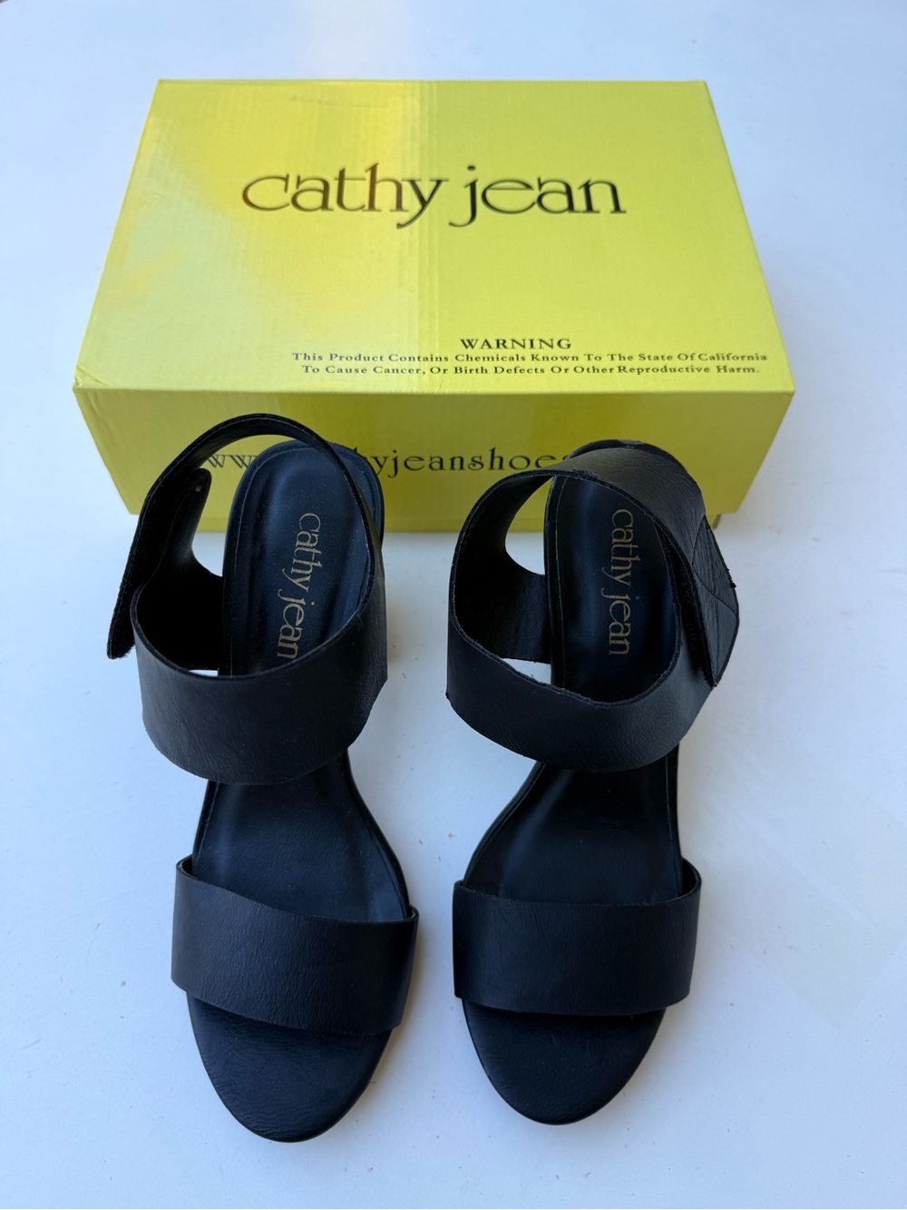 Cathy Jean Black Leather Wide-Strap Heeled Sandals